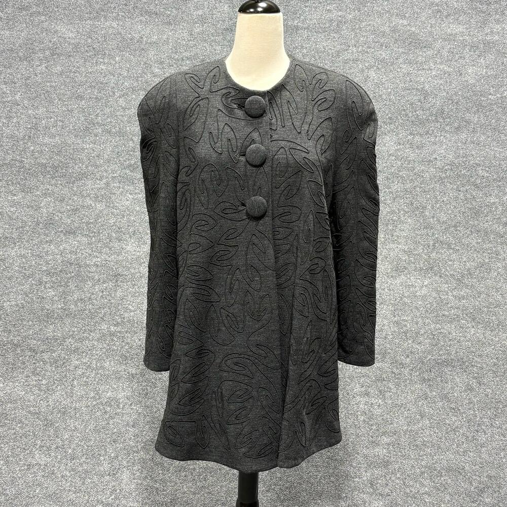 Carmen Marc Valvo Wool Coat Womens 12 Gray Collarless Floral Embroidered